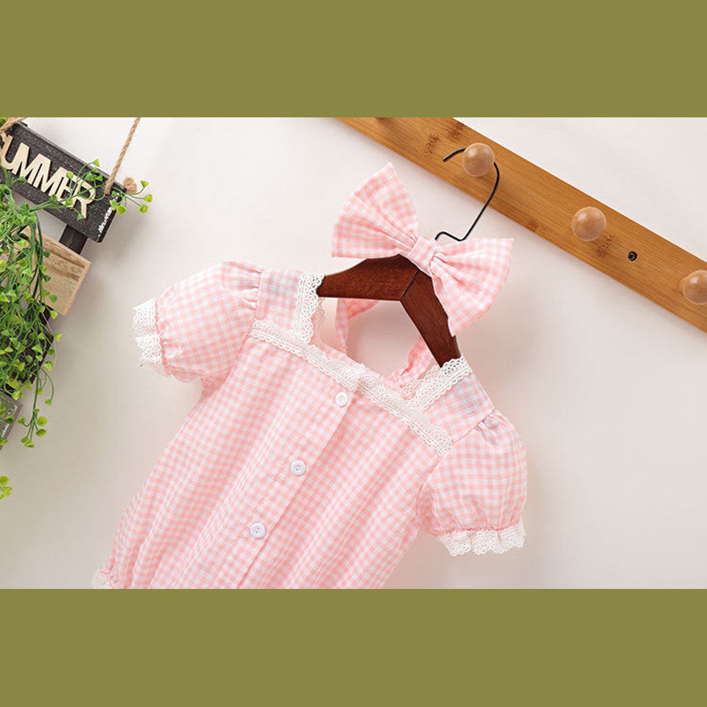 MyKids-USA® Baby Girl Plaid Pattern Lace Patchwork Design Bubble Short-Sleeved bodysuit With Buttons