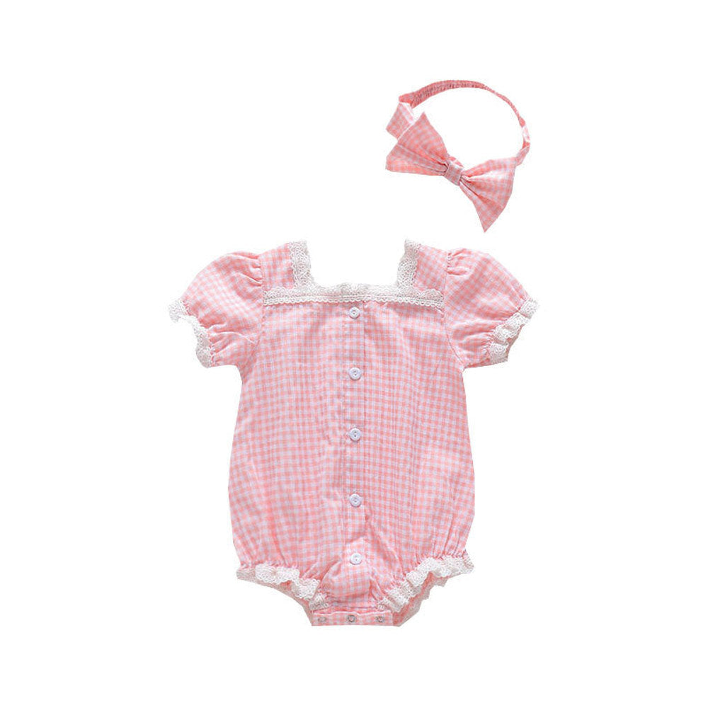 MyKids-USA® Baby Girl Plaid Pattern Lace Patchwork Design Bubble Short-Sleeved bodysuit With Buttons
