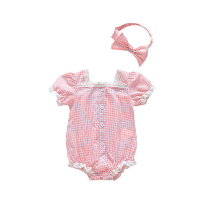 MyKids-USA® Baby Girl Plaid Pattern Lace Patchwork Design Bubble Short-Sleeved bodysuit With Buttons