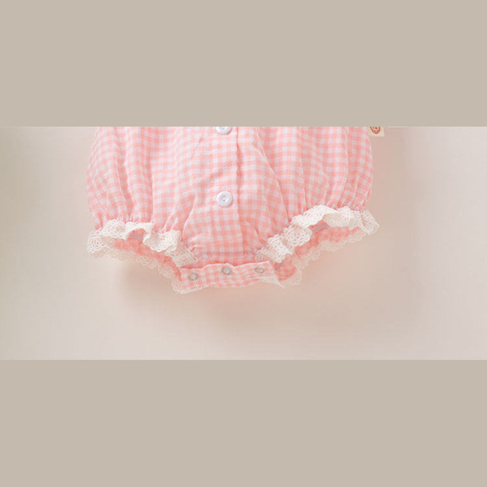 MyKids-USA® Baby Girl Plaid Pattern Lace Patchwork Design Bubble Short-Sleeved bodysuit With Buttons