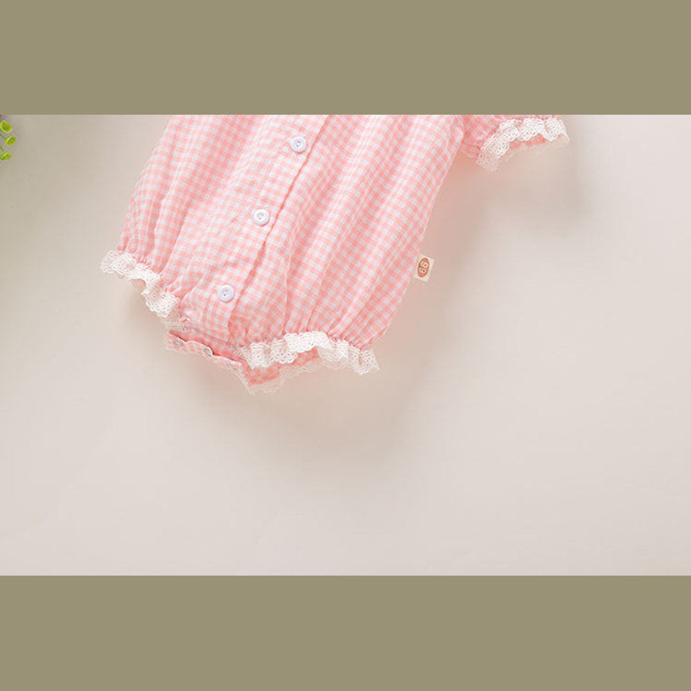 MyKids-USA® Baby Girl Plaid Pattern Lace Patchwork Design Bubble Short-Sleeved bodysuit With Buttons