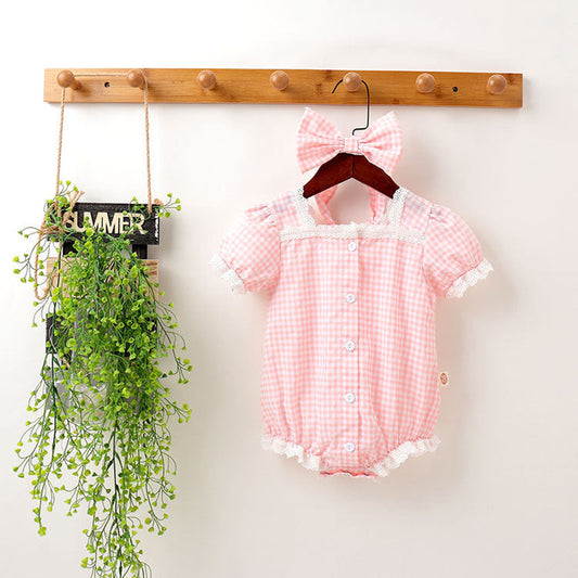 MyKids-USA® Baby Girl Plaid Pattern Lace Patchwork Design Bubble Short-Sleeved bodysuit With Buttons