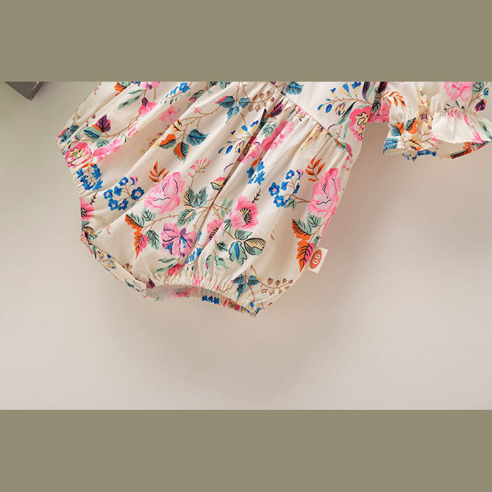 MyKids-USA® Baby Girl Floral Pattern Round Collar Bubble Sleeve Cute bodysuit With Bow Hair Rope
