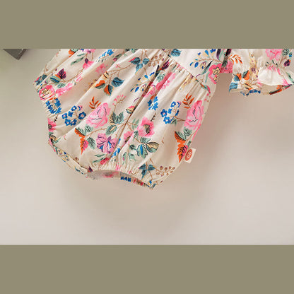 MyKids-USA® Baby Girl Floral Pattern Round Collar Bubble Sleeve Cute bodysuit With Bow Hair Rope