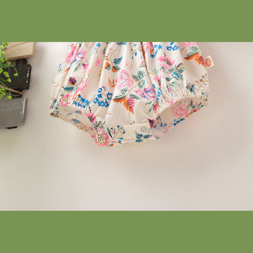 MyKids-USA® Baby Girl Floral Pattern Round Collar Bubble Sleeve Cute bodysuit With Bow Hair Rope