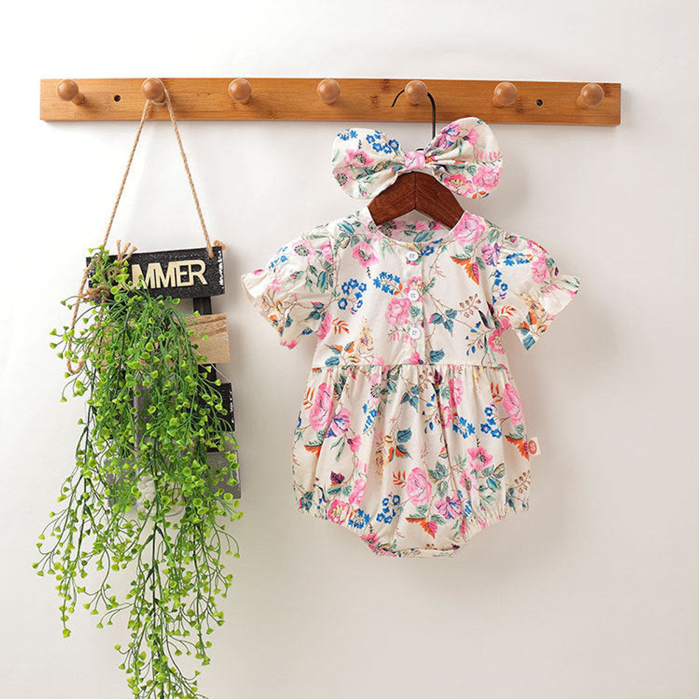MyKids-USA® Baby Girl Floral Pattern Round Collar Bubble Sleeve Cute bodysuit With Bow Hair Rope