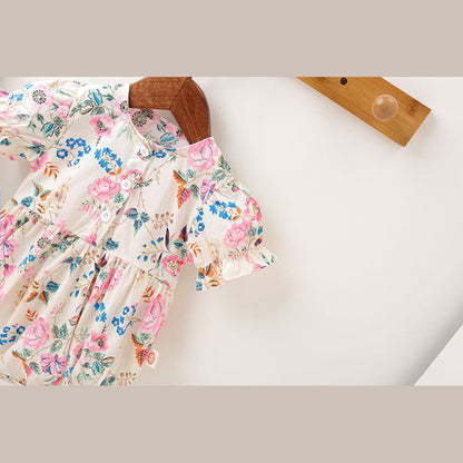 MyKids-USA® Baby Girl Floral Pattern Round Collar Bubble Sleeve Cute bodysuit With Bow Hair Rope