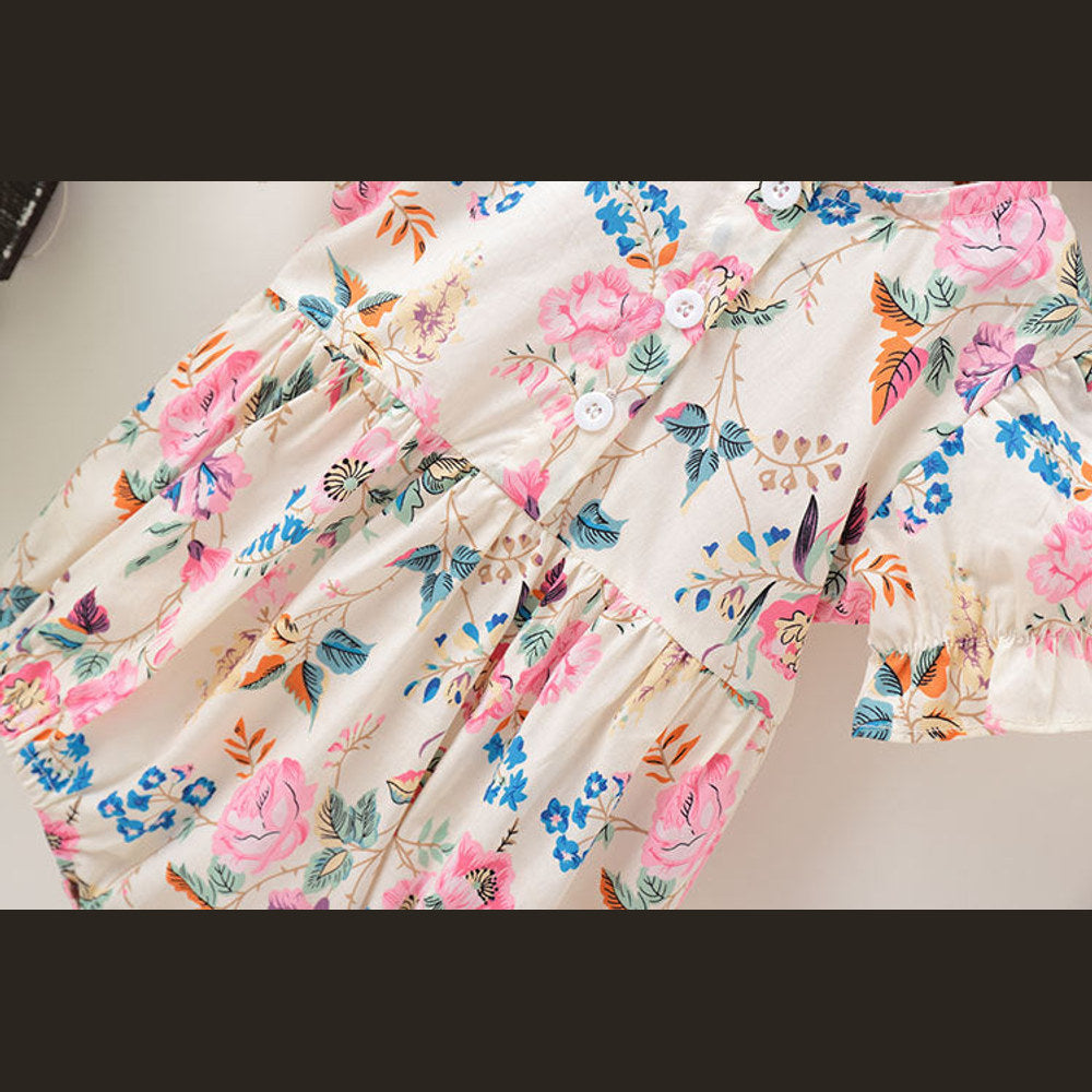 MyKids-USA® Baby Girl Floral Pattern Round Collar Bubble Sleeve Cute bodysuit With Bow Hair Rope