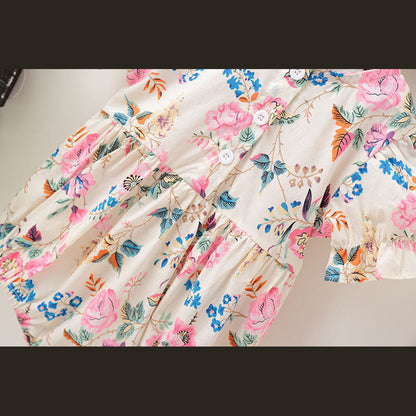 MyKids-USA® Baby Girl Floral Pattern Round Collar Bubble Sleeve Cute bodysuit With Bow Hair Rope