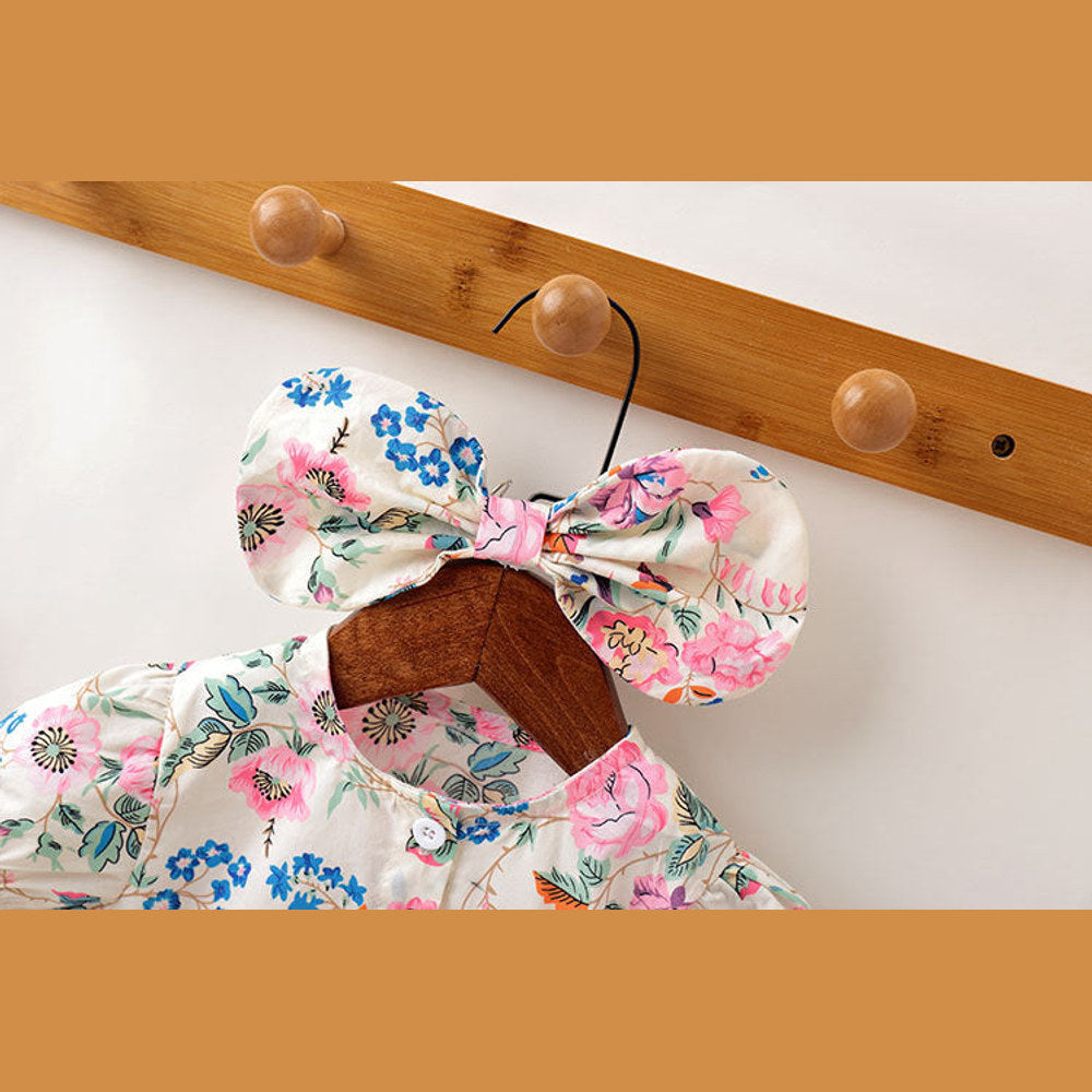 MyKids-USA® Baby Girl Floral Pattern Round Collar Bubble Sleeve Cute bodysuit With Bow Hair Rope