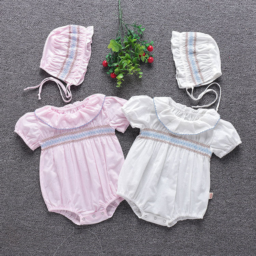 MyKids-USA® Baby Girl Embroidery Pattern Ruffle Collar Design Bubble Short-Sleeved bodysuit With Hat