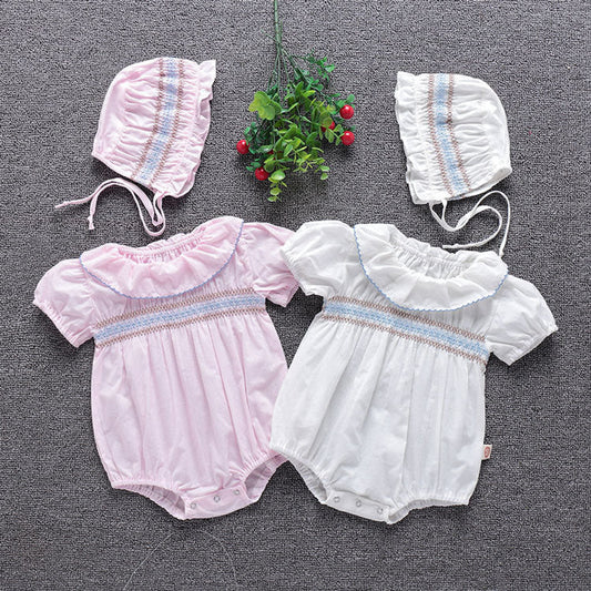MyKids-USA® Baby Girl Embroidery Pattern Ruffle Collar Design Bubble Short-Sleeved bodysuit With Hat