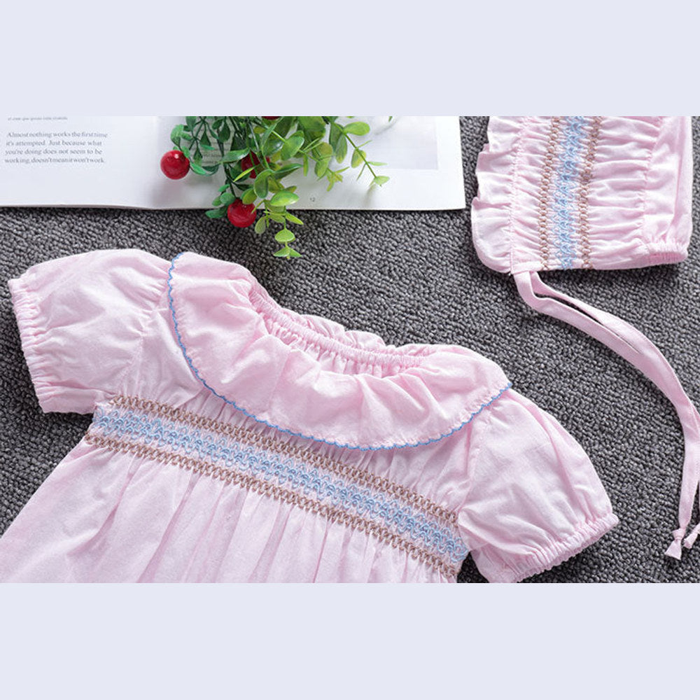 MyKids-USA® Baby Girl Embroidery Pattern Ruffle Collar Design Bubble Short-Sleeved bodysuit With Hat