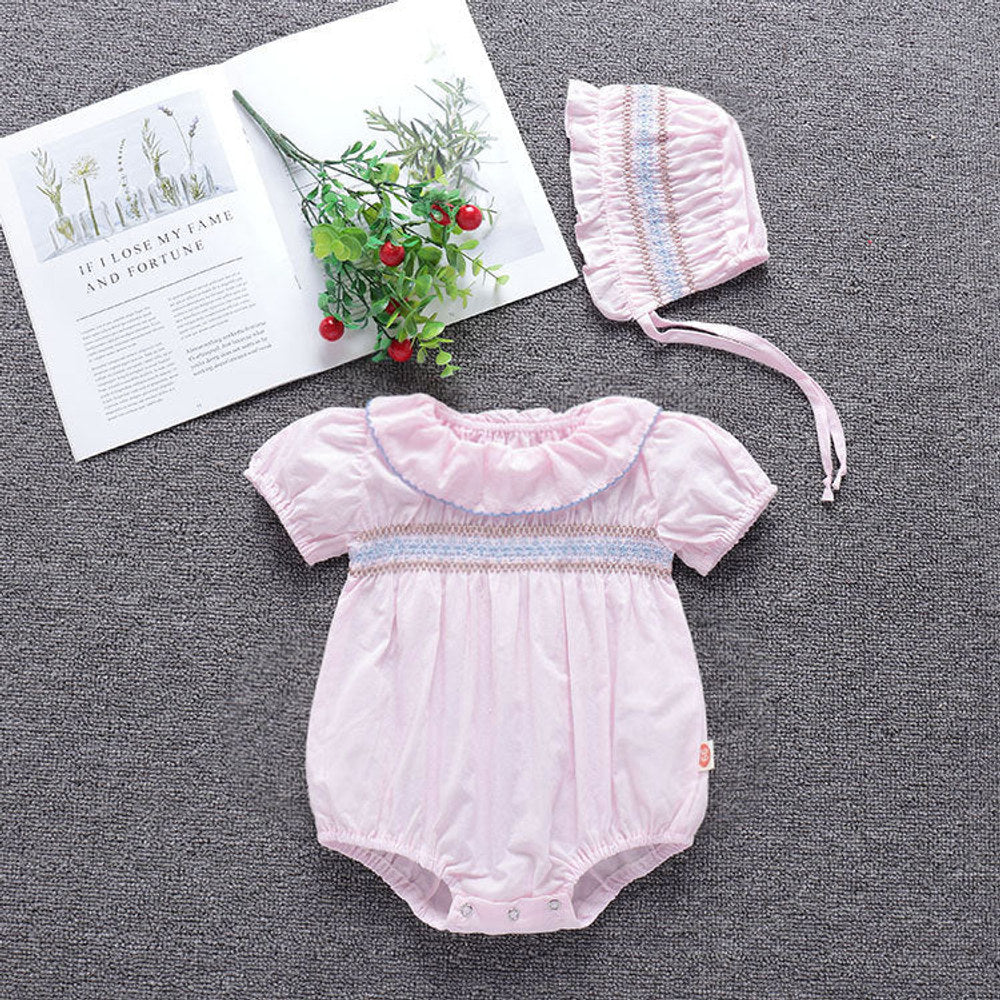 MyKids-USA® Baby Girl Embroidery Pattern Ruffle Collar Design Bubble Short-Sleeved bodysuit With Hat