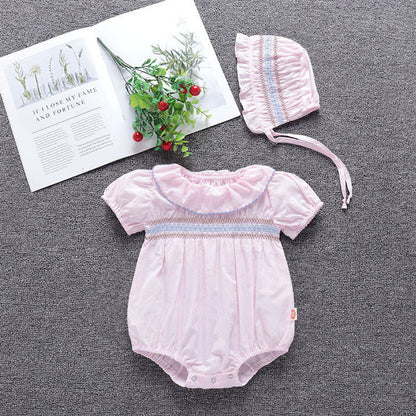 MyKids-USA® Baby Girl Embroidery Pattern Ruffle Collar Design Bubble Short-Sleeved bodysuit With Hat
