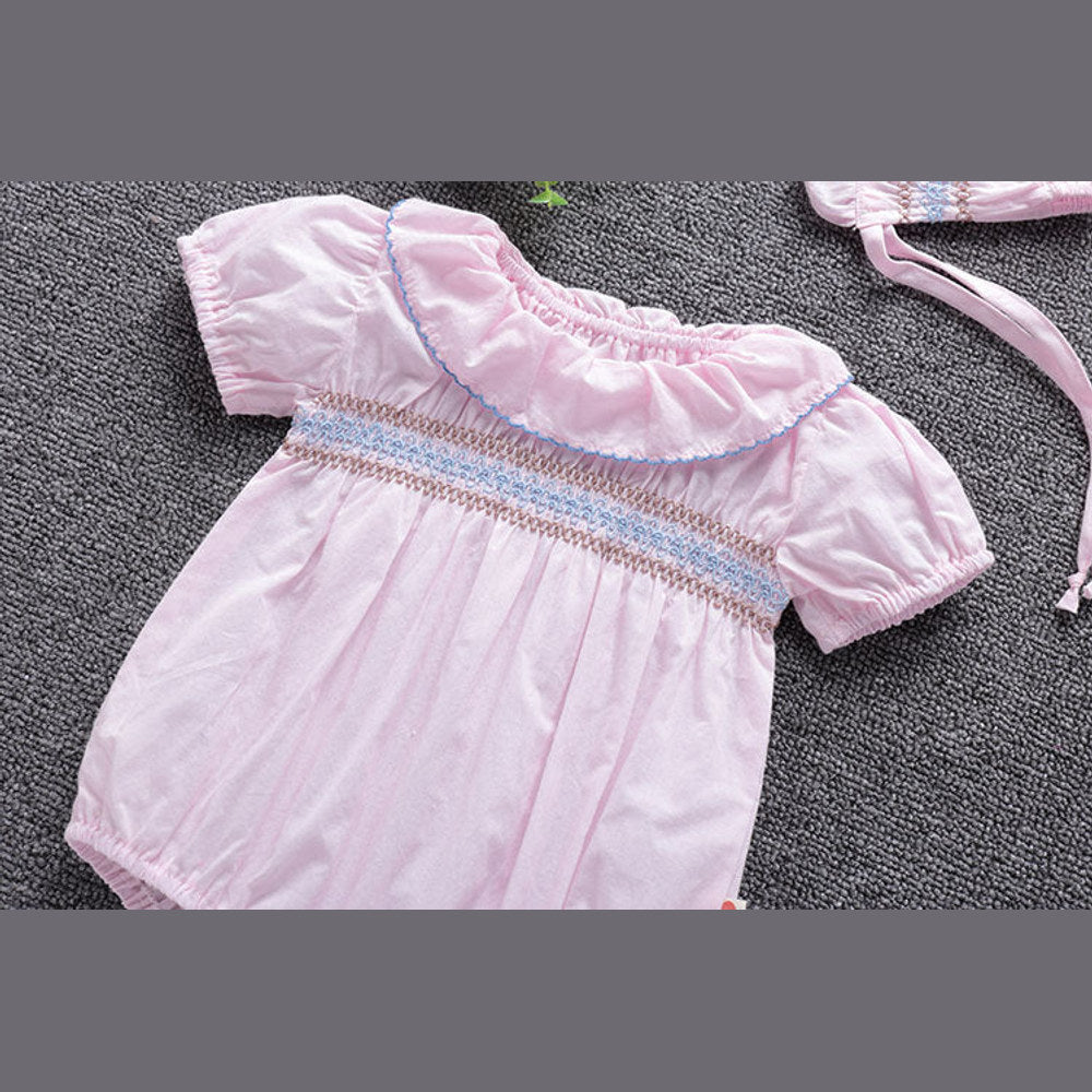 MyKids-USA® Baby Girl Embroidery Pattern Ruffle Collar Design Bubble Short-Sleeved bodysuit With Hat
