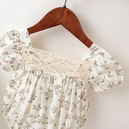 MyKids-USA® Baby Girl Floral Pattern Lace Patchwork Design Backless Bubble Sleeve bodysuit With Hat
