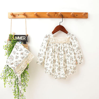 MyKids-USA® Baby Girl Floral Pattern Lace Patchwork Design Backless Bubble Sleeve bodysuit With Hat