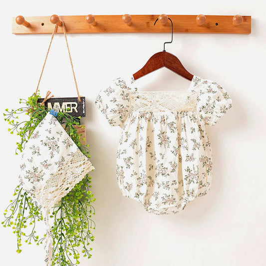 MyKids-USA® Baby Girl Floral Pattern Lace Patchwork Design Backless Bubble Sleeve bodysuit With Hat