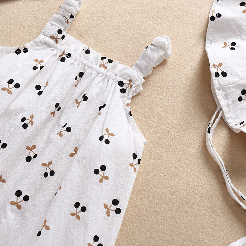 MyKids-USA® Baby Girls Cherry Print Pattern Sleeveless Rompers With Hat
