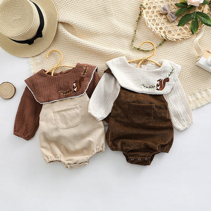 MyKids-USA® Baby Embroidered Pattern Lapel Cotton Shirt Combo Corduroy Strap bodysuit Sets