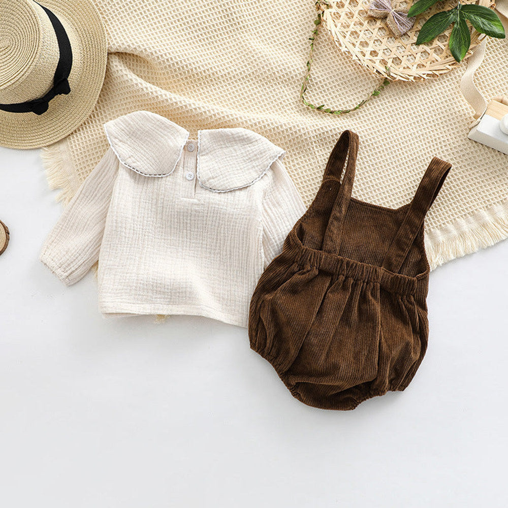 MyKids-USA® Baby Embroidered Pattern Lapel Cotton Shirt Combo Corduroy Strap bodysuit Sets