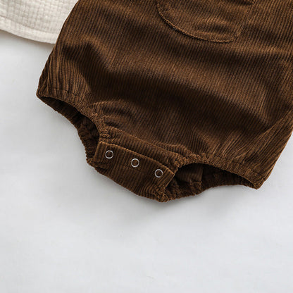MyKids-USA® Baby Embroidered Pattern Lapel Cotton Shirt Combo Corduroy Strap bodysuit Sets