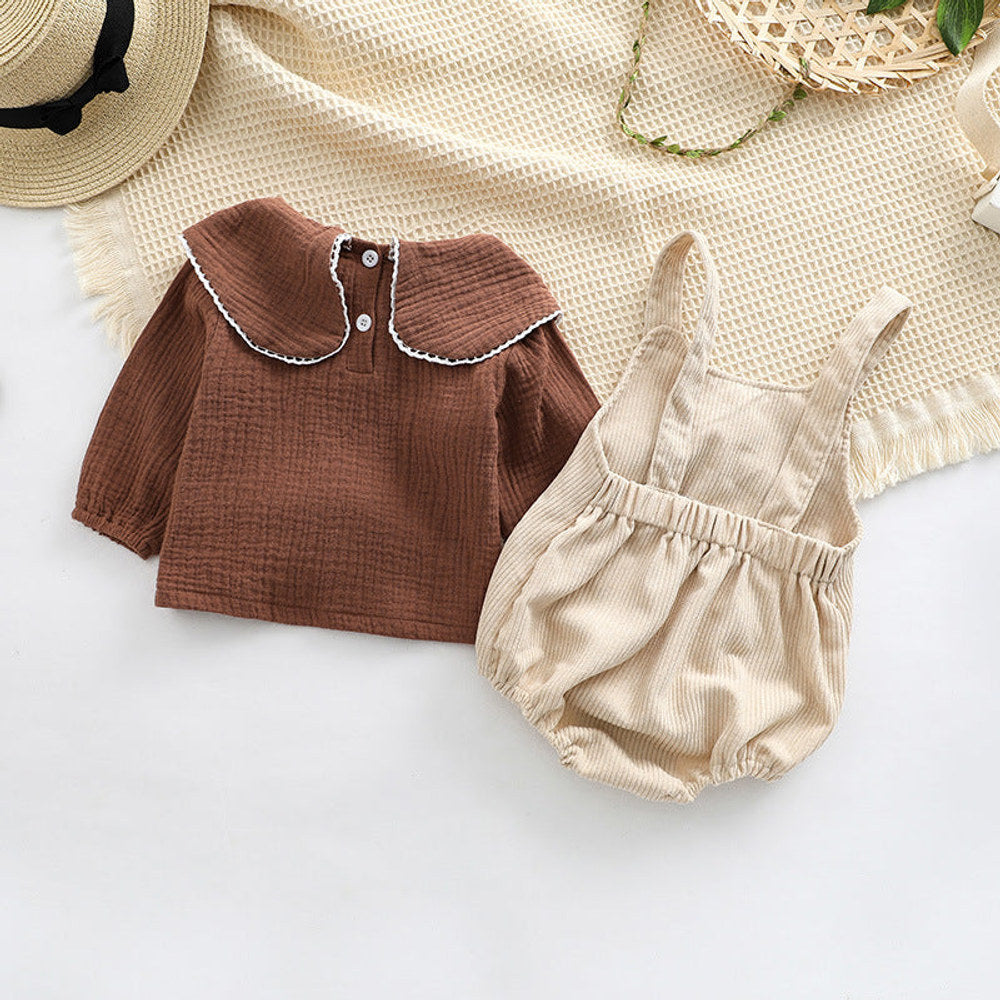 MyKids-USA® Baby Embroidered Pattern Lapel Cotton Shirt Combo Corduroy Strap bodysuit Sets