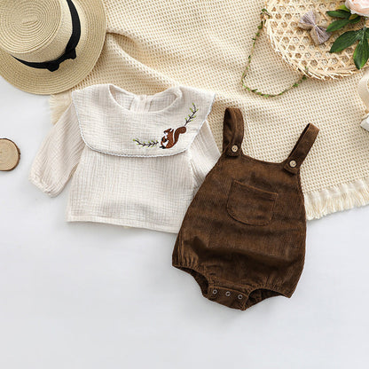 MyKids-USA® Baby Embroidered Pattern Lapel Cotton Shirt Combo Corduroy Strap bodysuit Sets