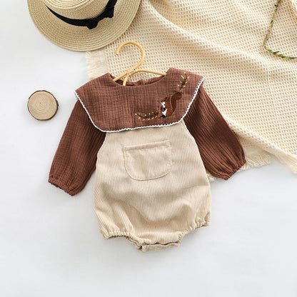 MyKids-USA® Baby Embroidered Pattern Lapel Cotton Shirt Combo Corduroy Strap bodysuit Sets