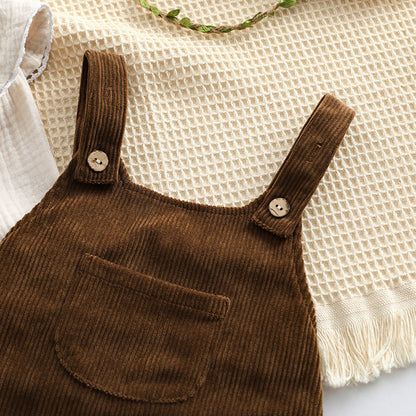 MyKids-USA® Baby Embroidered Pattern Lapel Cotton Shirt Combo Corduroy Strap bodysuit Sets