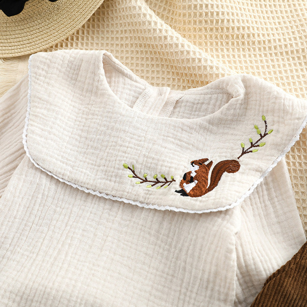 MyKids-USA® Baby Embroidered Pattern Lapel Cotton Shirt Combo Corduroy Strap bodysuit Sets