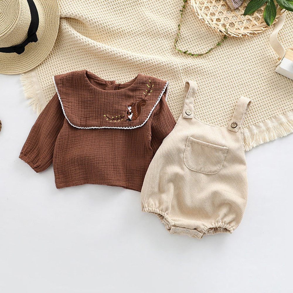 MyKids-USA® Baby Embroidered Pattern Lapel Cotton Shirt Combo Corduroy Strap bodysuit Sets