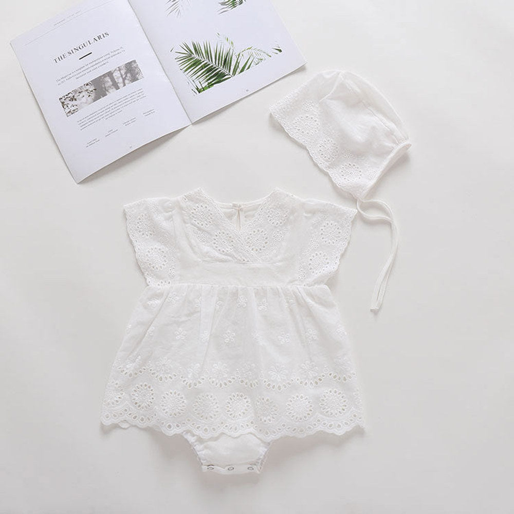 MyKids-USA® Baby Girls Solid Color Hollow Design V Collar Sleeveless bodysuit Dress In Summer With Hat