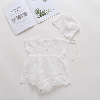 MyKids-USA® Baby Girls Solid Color Hollow Design V Collar Sleeveless bodysuit Dress In Summer With Hat