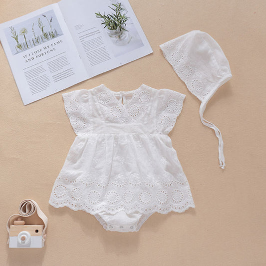 MyKids-USA® Baby Girls Solid Color Hollow Design V Collar Sleeveless bodysuit Dress In Summer With Hat