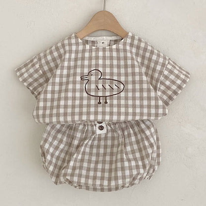MyKids-USA® Baby Girl Plaid Polka Dot Pattern Duckling Print Short Sleeved Top Combo Pants Sets