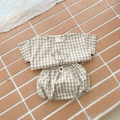 MyKids-USA® Baby Girl Plaid Polka Dot Pattern Duckling Print Short Sleeved Top Combo Pants Sets