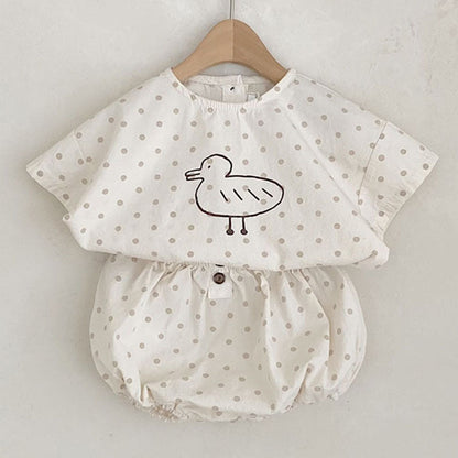 MyKids-USA® Baby Girl Plaid Polka Dot Pattern Duckling Print Short Sleeved Top Combo Pants Sets