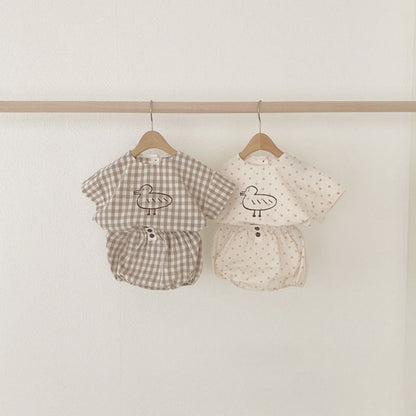 MyKids-USA® Baby Girl Plaid Polka Dot Pattern Duckling Print Short Sleeved Top Combo Pants Sets