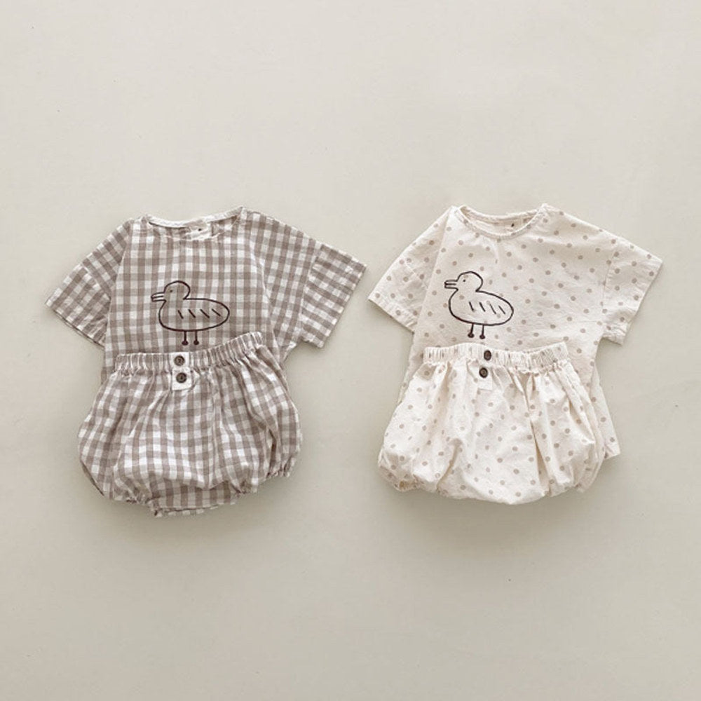 MyKids-USA® Baby Girl Plaid Polka Dot Pattern Duckling Print Short Sleeved Top Combo Pants Sets