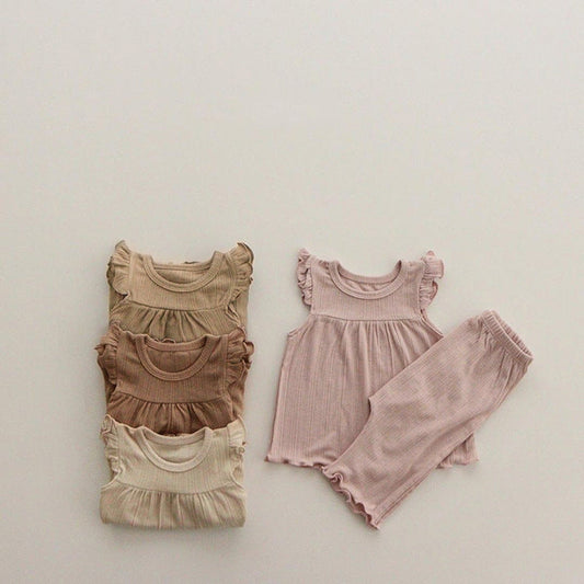 MyKids-USA® Baby Girl Round Neck Solid Color Design Sleeveless Top Combo Shorts Loungewear Sets