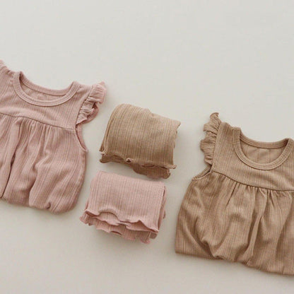 MyKids-USA® Baby Girl Round Neck Solid Color Design Sleeveless Top Combo Shorts Loungewear Sets