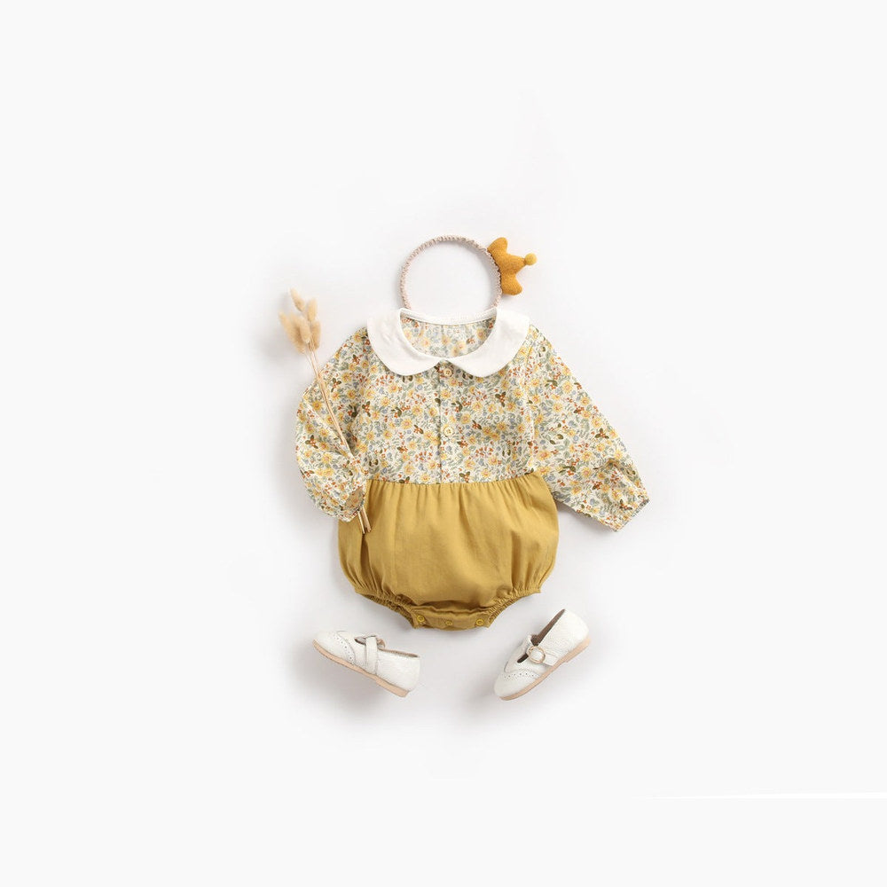 MyKids-USA® Baby Girl Floral Print Pattern Color Blocking Design Long Sleeve Round Neck bodysuit
