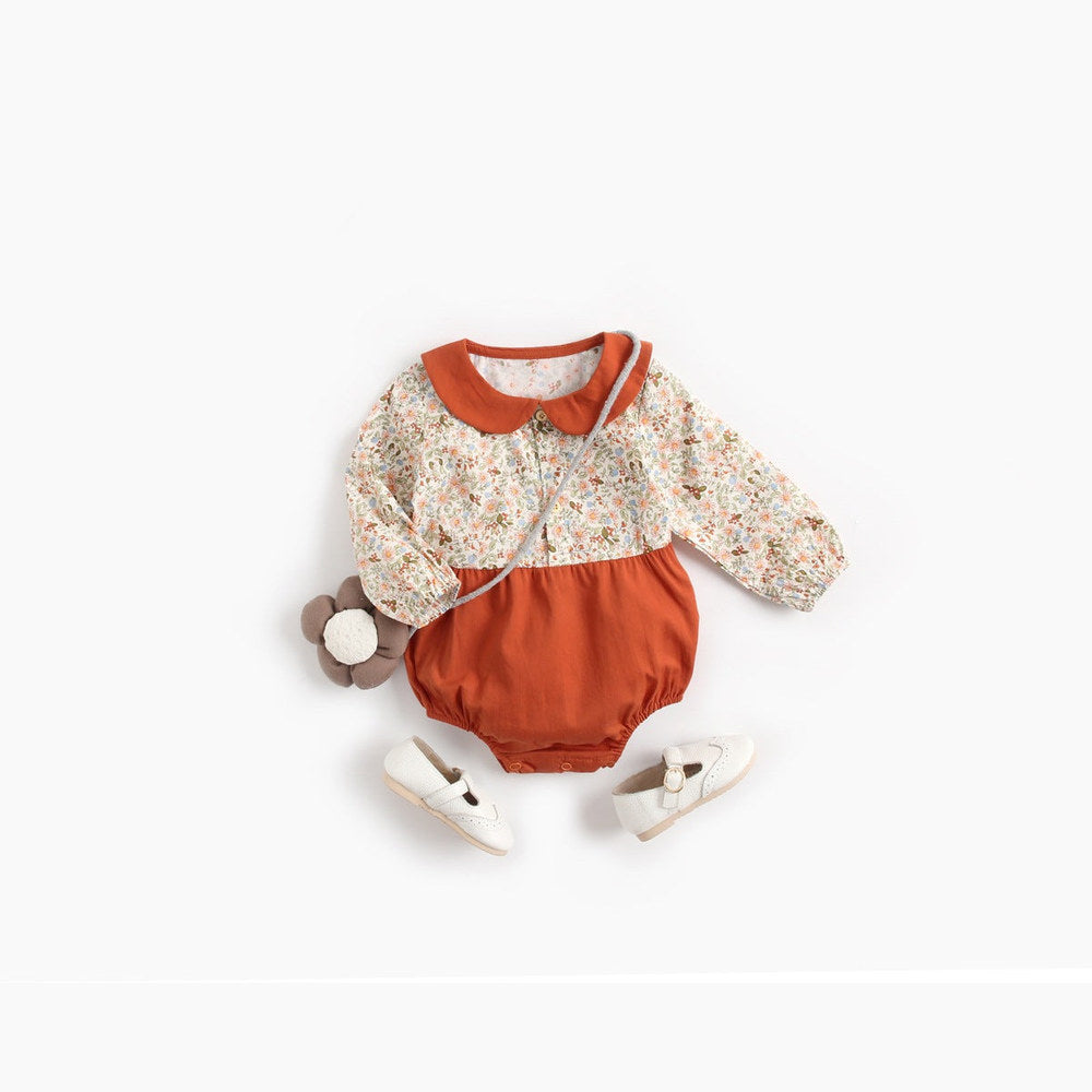 MyKids-USA® Baby Girl Floral Print Pattern Color Blocking Design Long Sleeve Round Neck bodysuit