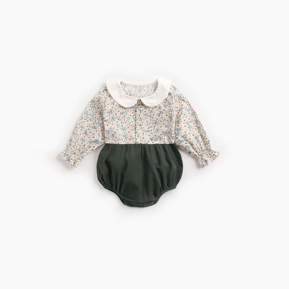 MyKids-USA® Baby Girl Floral Print Pattern Color Blocking Design Long Sleeve Round Collar bodysuit