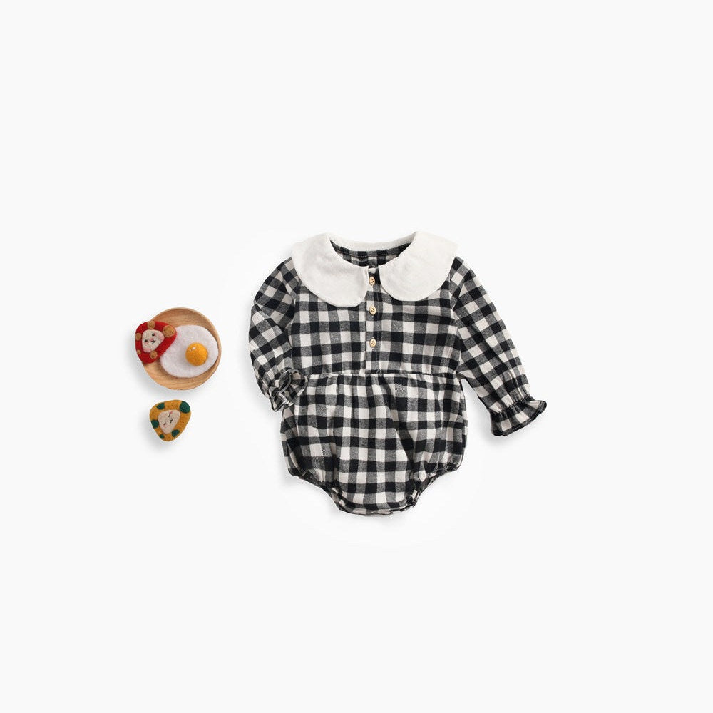MyKids-USA® Baby Girl Plaid Pattern Doll Collar Design Long Sleeve bodysuit With Buttons