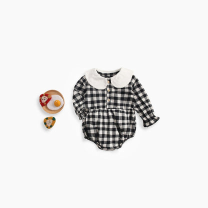 MyKids-USA® Baby Girl Plaid Pattern Doll Collar Design Long Sleeve bodysuit With Buttons