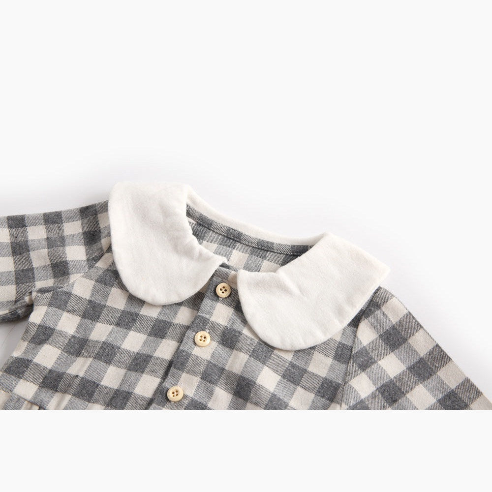 MyKids-USA® Baby Girl Plaid Pattern Doll Collar Design Long Sleeve bodysuit With Buttons