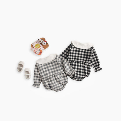 MyKids-USA® Baby Girl Plaid Pattern Doll Collar Design Long Sleeve bodysuit With Buttons